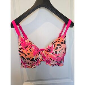 No Boundaries Womens 40D Floral Palm Print T-Shirt Bra Neon Pink Orange Black